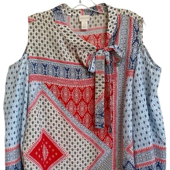 Chico's‎ Bohemian Elements Cold-Shoulder Tie-Neck Top Blue/ Red Scarf 2 L/12 - Picture 7 of 11